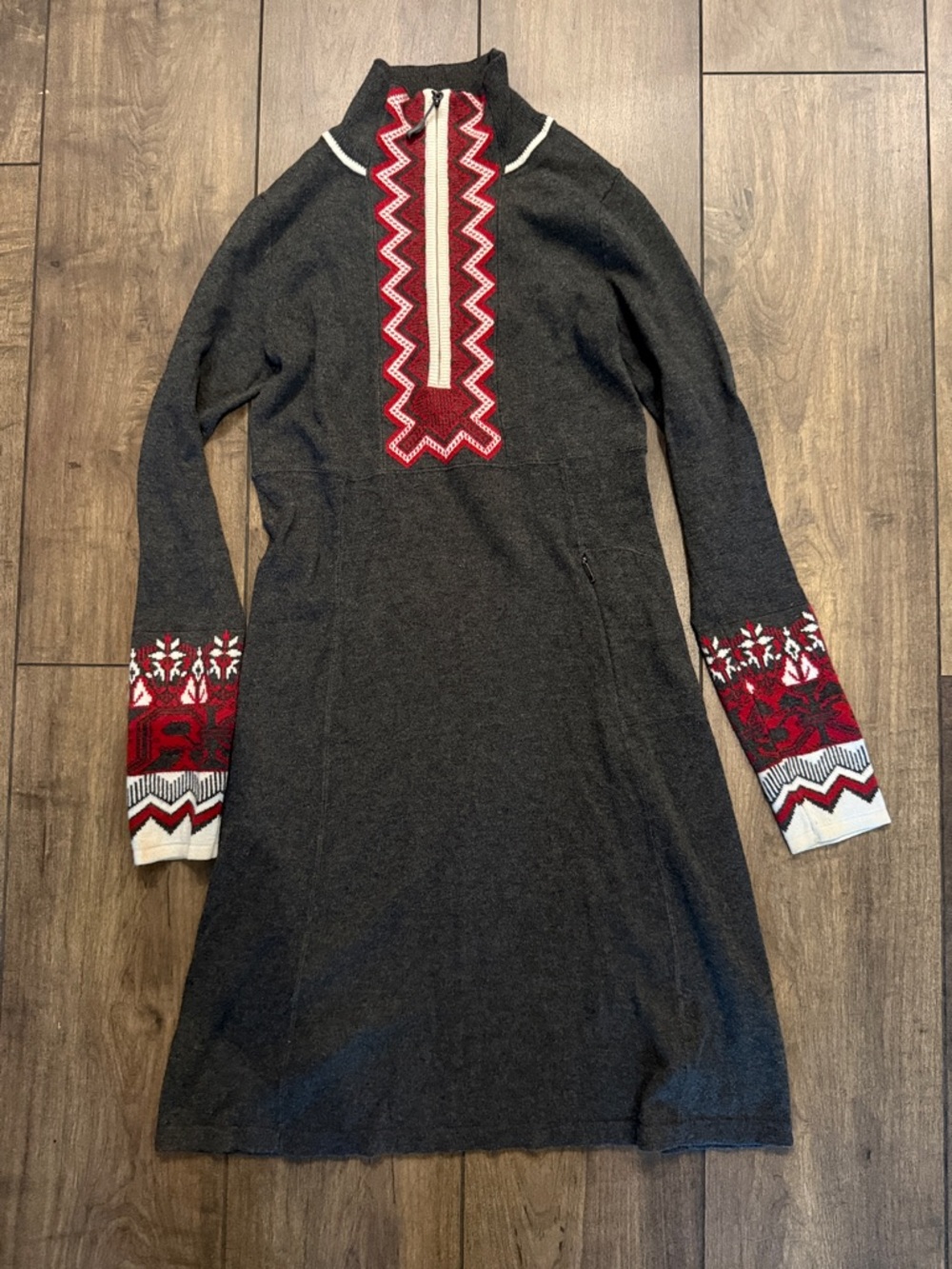 Athleta Charcoal Knit Sweater Dress with Red Nordic Accents